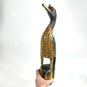Vintage 1970s hand-painted wooden duck figurine, retro home decor (43.5 cm)