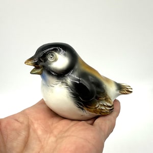 Vintage handbemalte Keramik Vogel - zwitschernde Spatz Figur, Mid-Century Style Tierdekor