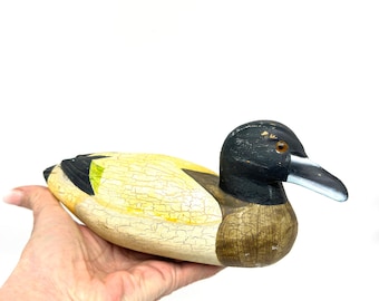 Vintage hand-painted wooden duck with glass eyes – rustic cabin decor