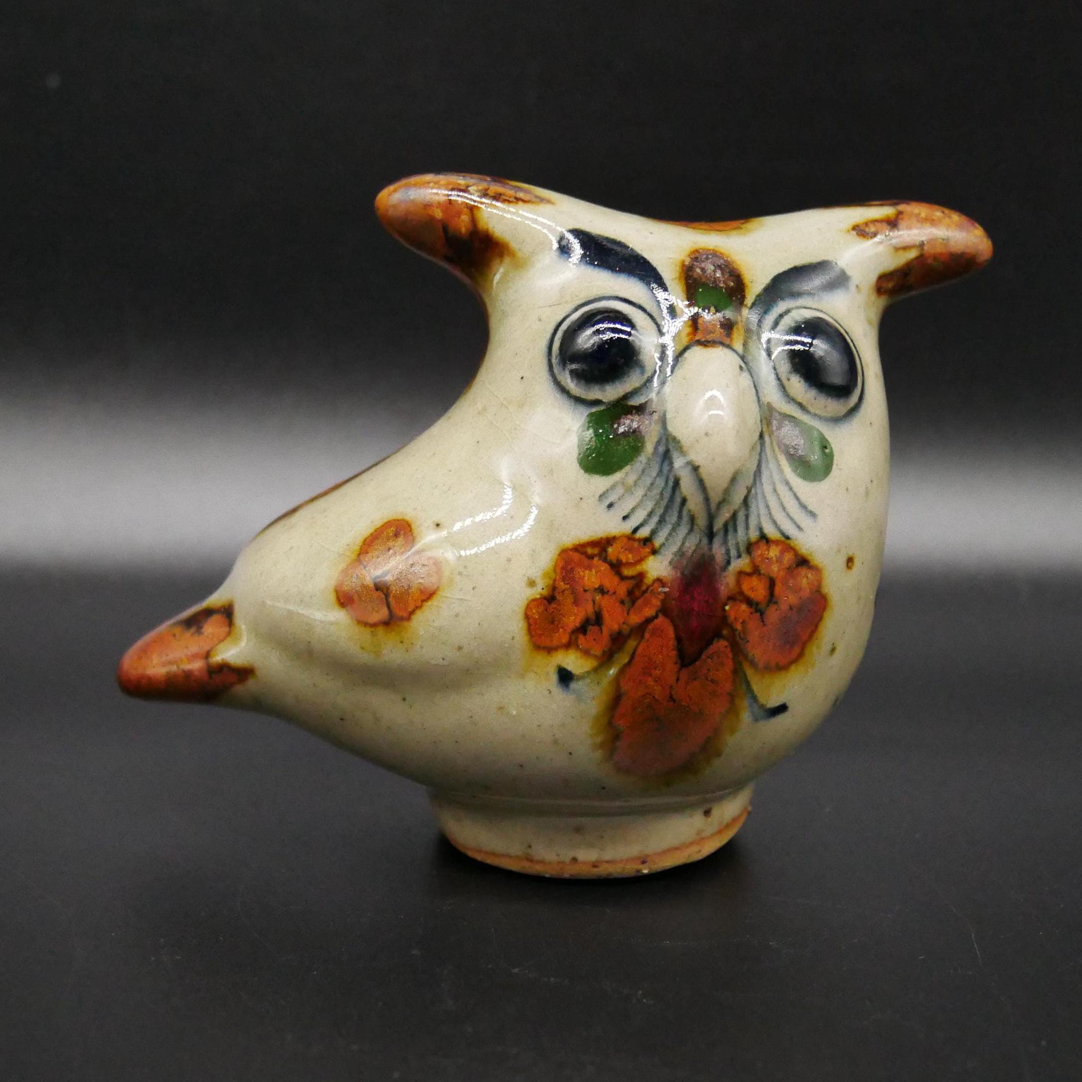 Charming hand painted pottery owl – folk art bird sculpture, rustic glazed ceramic figurine