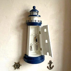 Wood Lighthouse Key Cabinet, Wall Mounted, Nautical Storage