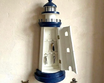 Wood Lighthouse Key Cabinet, Wall Mounted, Nautical Storage