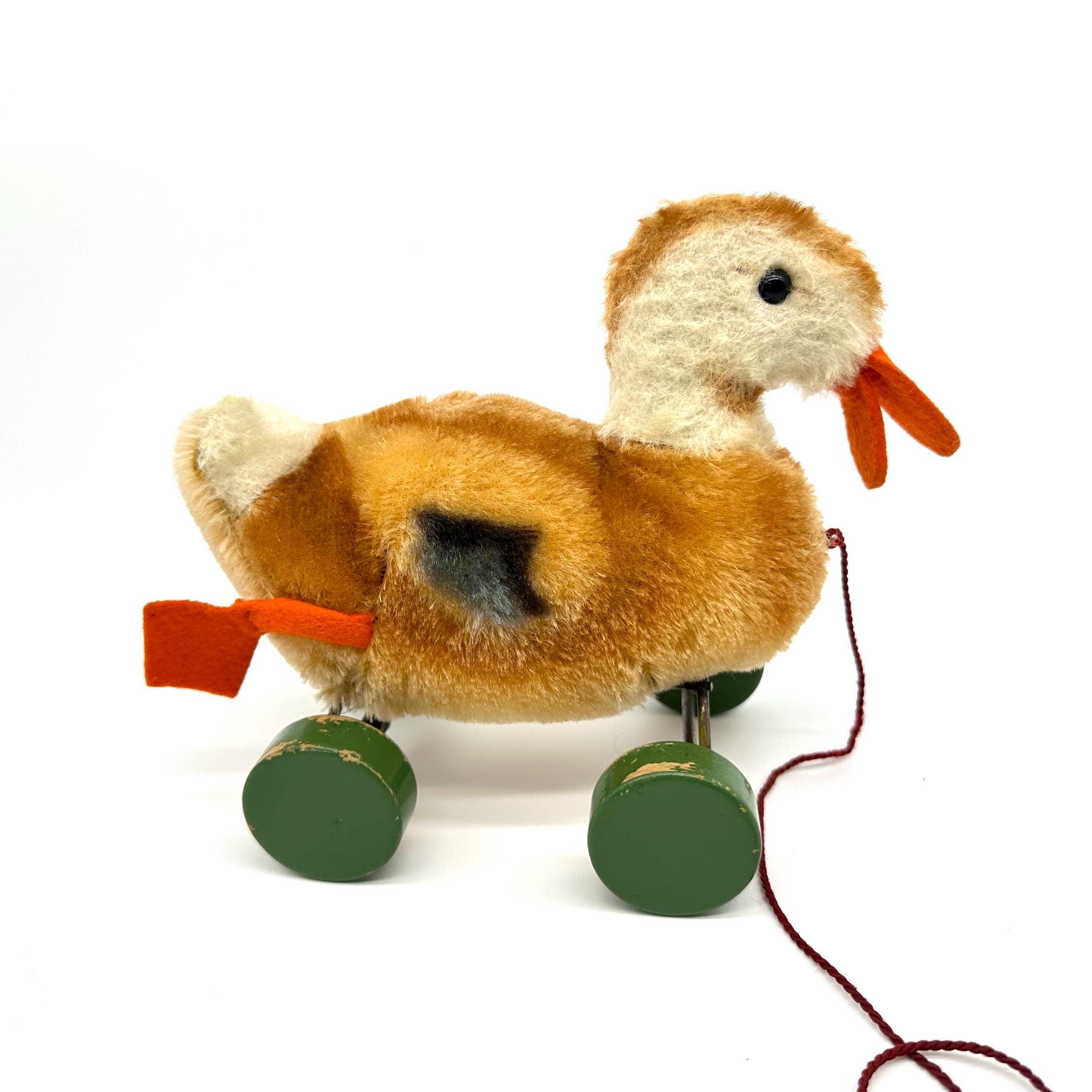 Vintage Steiff pull-along duck – 1950s mohair toy with wooden wheels