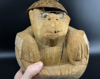 Escultura de mono de coco Tiki, decoración vintage tallada a mano para bar, 20 cm