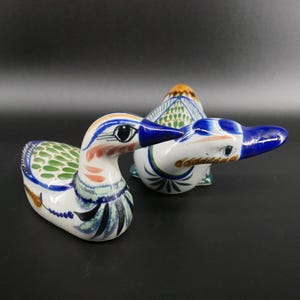 Mexican pottery duck figurines – hand-painted folk art birds, signed by artist (set of 2)