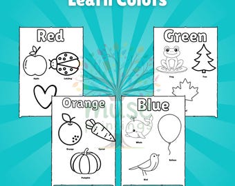 May include: Educational printables with the text "Learn Colors". Each page features a different color: red, green, orange, and blue. Each color page has illustrations of objects like an apple, ladybug, frog, tree, orange, carrot, pumpkin, whale, bird, and balloon.