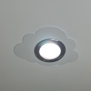 May include: A white, cloud-shaped recessed ceiling light fixture. The light has a circular, bright white center surrounded by a dark gray ring. The cloud outline is a soft white color.