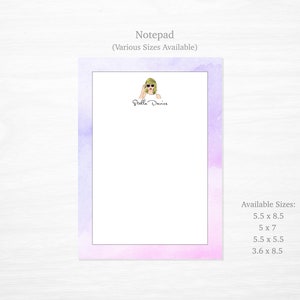 May include: A notepad with a watercolor-style border in shades of purple and pink. The top of the notepad features an illustration of a woman wearing sunglasses, with the text "Stella Danes" below. Available in various sizes, including 5.5 x 8.5 inches.
