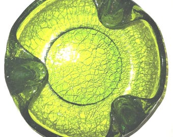Vintage Viking Avocado Green Crackle Glass Smooth Dish Ashtray--7&#39;&#39;