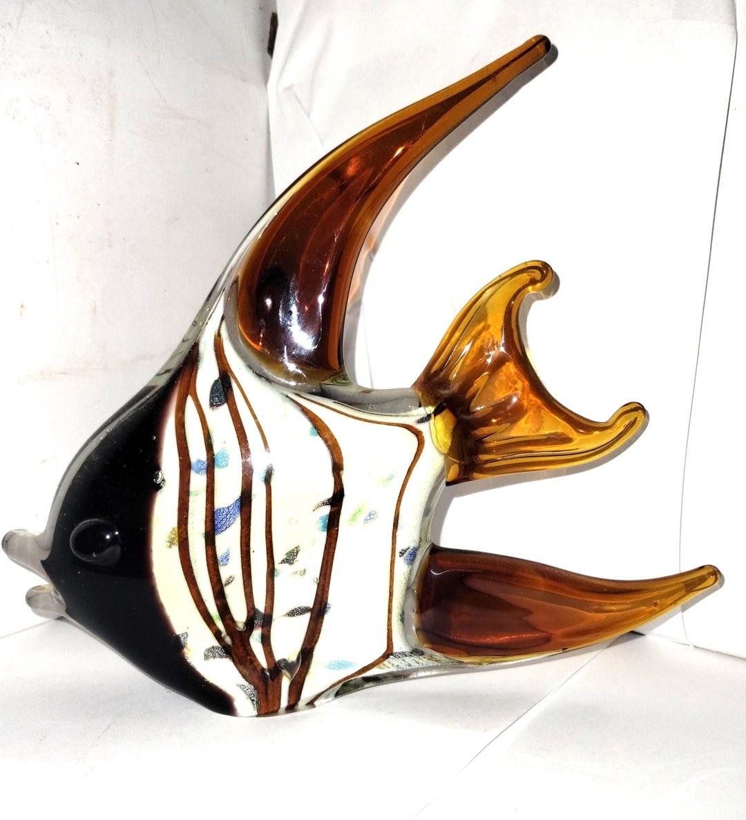 Murano Art Glass Swimming Angel Fish Clear Black Gray With Amber Fins ...