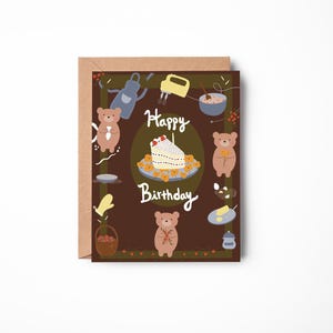 Happy Birthday Card: Bear Making Cake Illustration