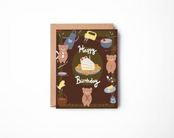 Happy Birthday Card Bear Art Baking Illustration