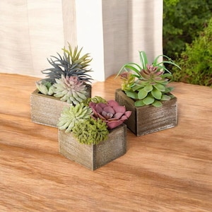 May include: Three small wooden planters with faux succulents. The succulents have various colors, including green, purple, and gray. The planters are square and have a weathered, rustic appearance. The arrangement is on a wooden surface.