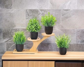 Modern Black Faux Plants Set – Small Artificial Plants for Home Office Desk Decor – Bathroom Shelf Accent Greenery