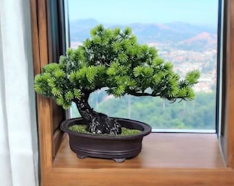 Artificial Green Bonsai Tree–9.5" Lifelike Indoor Plant for Home, Office, Bathroom & Bookshelf Decor – Realistic Fake Greenery for Farmhouse