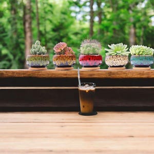 May include: Five small potted succulents and cacti in colorful ceramic pots with a glazed finish, sitting on a wooden ledge. A glass of iced coffee with a straw is in the foreground. The background is a blurred view of green trees.