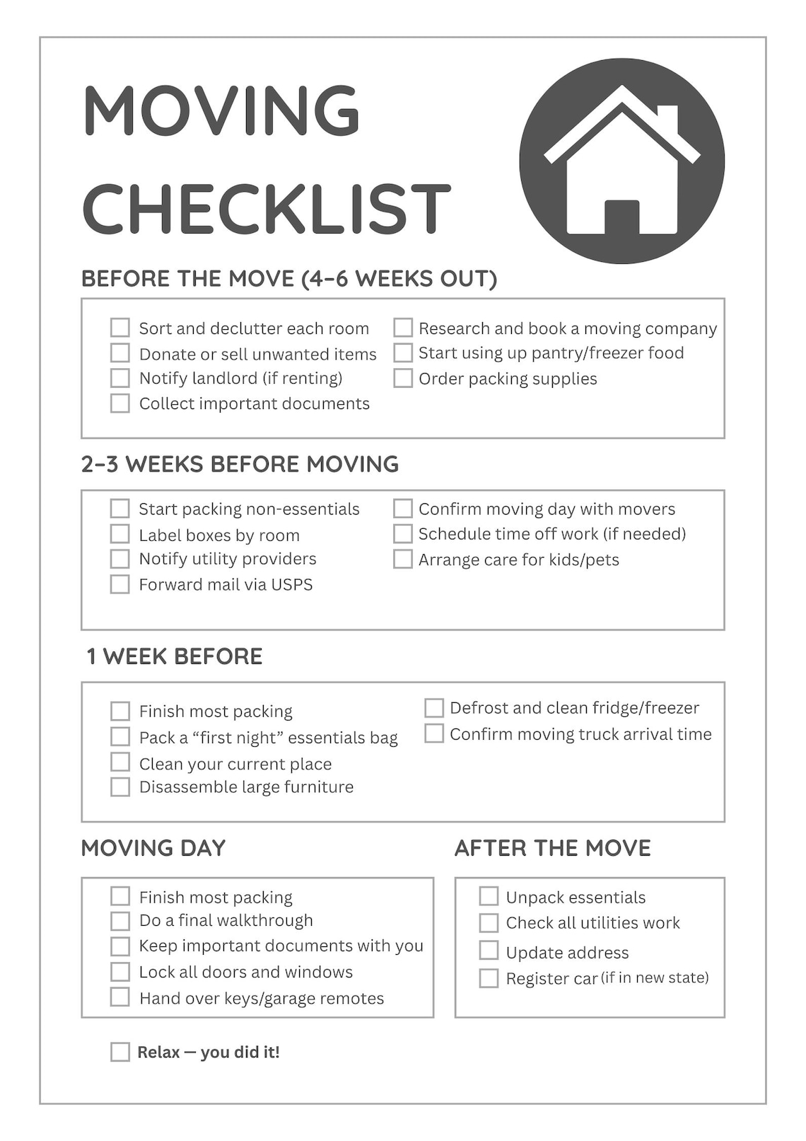 Moving Checklist Printable: House Move Planner (A4/A5/US Letter) (PDF ...