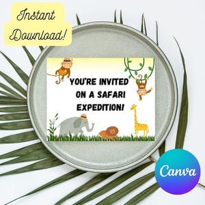 Safari-uitnodiging voor verjaardagen en babyshowers. Kopen, downloaden, bewerken en afdrukken. Bewerkbare sjabloon in de GRATIS versie van Canva.