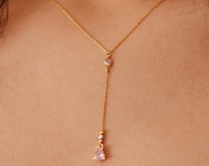 Teardrop Y Necklace – 925 Sterling Silver Lariat Drop Necklace with Dainty Gemstone Pendant