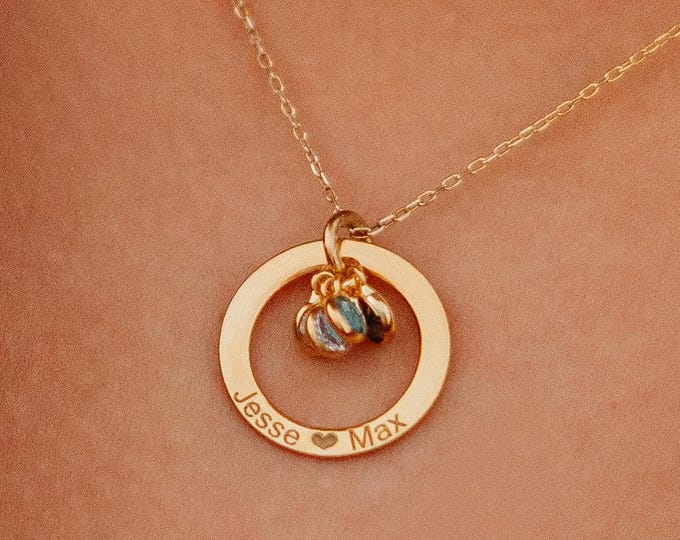 Circle Birthstone Family Necklace – 925 Sterling Silver Custom Name Jewelry Gift for Mom