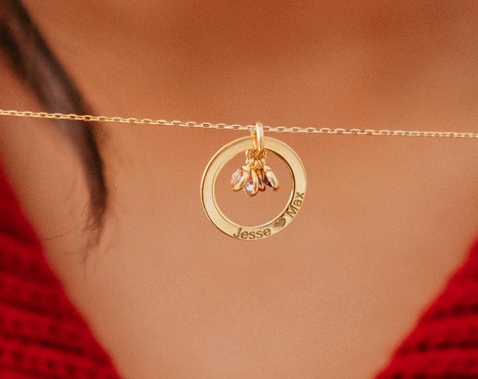 Circle Birthstone Necklace – Personalised 925 Sterling Silver Family Jewellery Gift for Mum, UK Dispatch