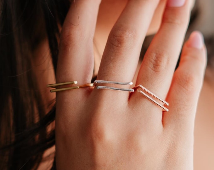 Modern Double Bar Ring – Adjustable Geometric Silver Band Jewelry Gift for Her