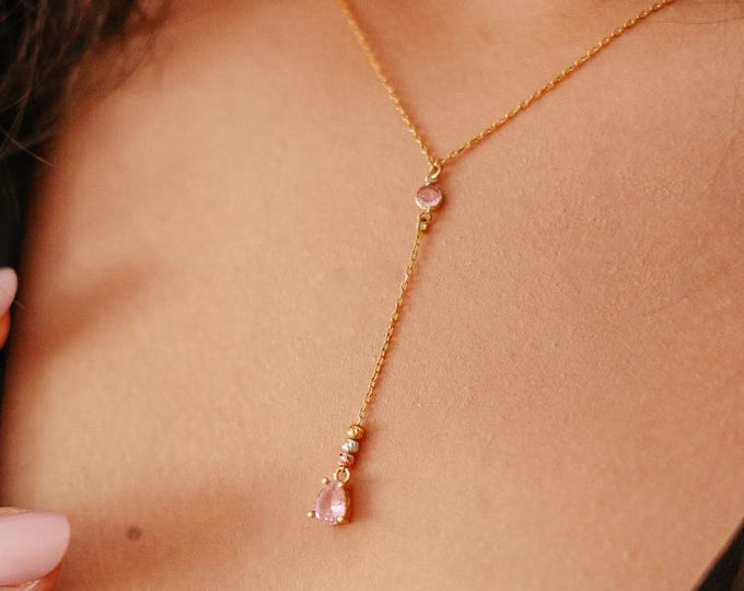 Dainty Teardrop Lariat Necklace – 925 Sterling Silver Y Drop Pendant Necklace