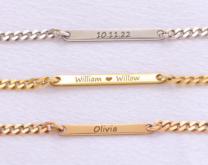 Matching Couple Bracelets – Personalised Double-Sided Engraved Bar Bracelet, His and Hers Jewellery Gift