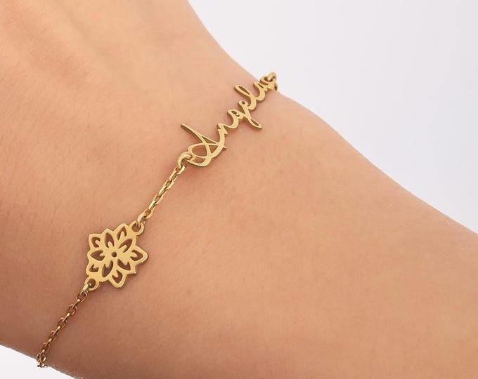 Personalised Name & Birth Flower Bracelet – Dainty Silver Floral Jewellery Gift for Mum