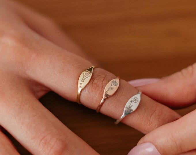 Personalized Birth Flower Signet Ring: Engraved Sterling Silver Band