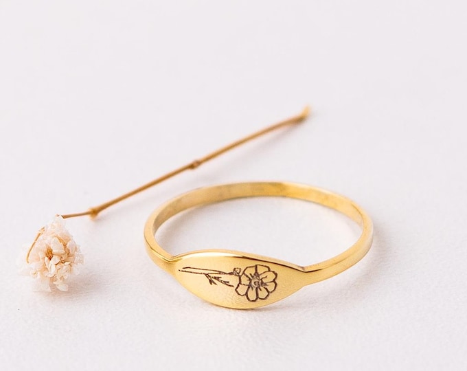 Personalized Birth Flower Signet Ring: Engraved Floral Band, Gold Filled