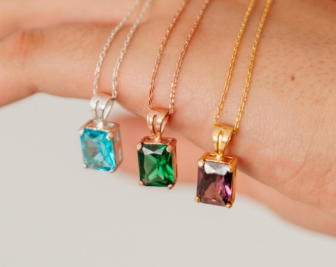 Emerald Cut Birthstone Pendant Necklace – Dainty Silver Jewellery Gift for Her