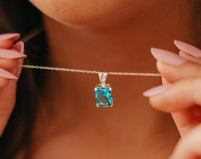 Emerald Cut Birthstone Necklace – Dainty 925 Sterling Silver Jewelry Gift for Her