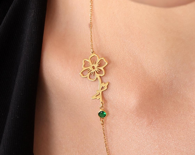 Sideways Birth Flower Necklace – Custom 925 Sterling Silver Pendant with Birthstone & Initial Options