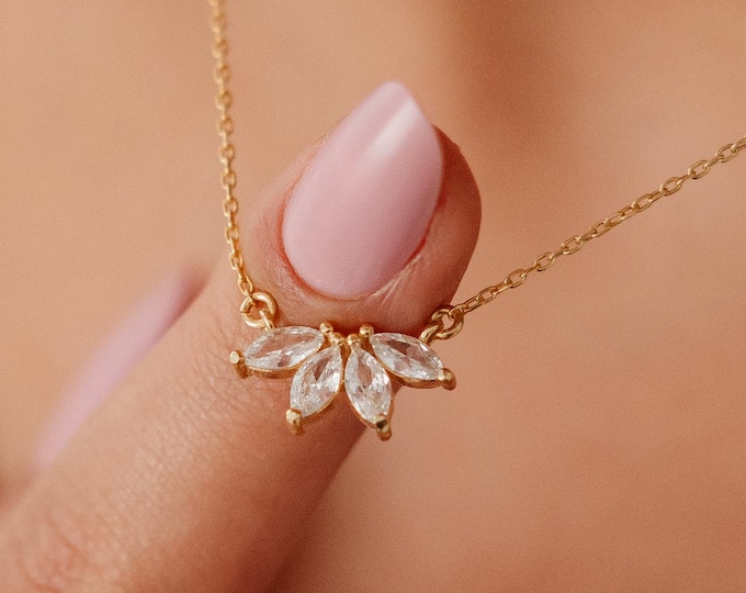 Marquise Crystal Lotus Necklace – Dainty CZ Leaf Pendant Jewelry Gift for Her