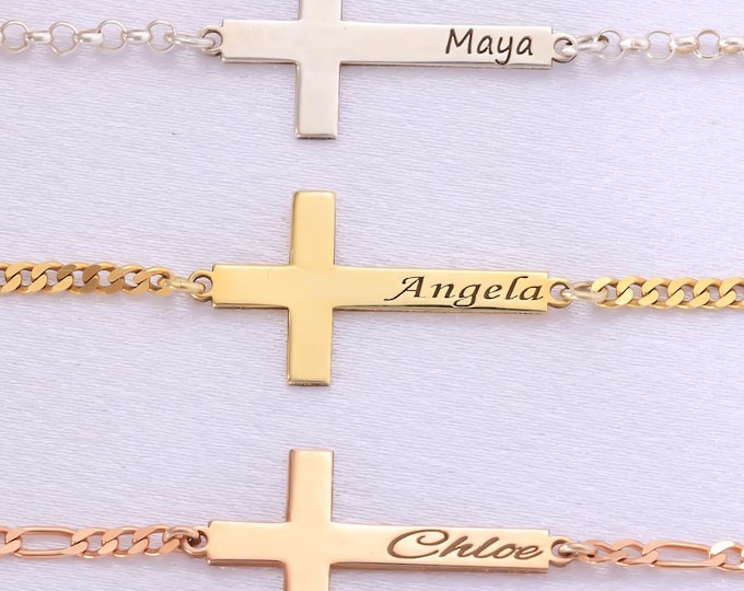 Personalized Cross Bracelet – 925 Sterling Silver Engraved Faith Jewelry