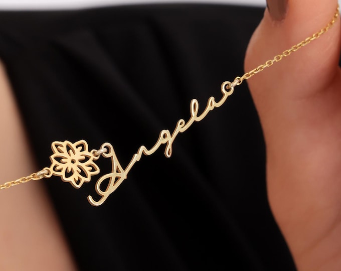 Custom Name Necklace with Birth Flower – Elegant Sterling Silver Jewelry Gift for Her