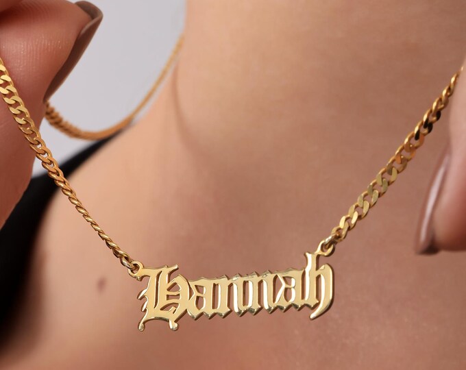 Old English Name Necklace – Personalized 925 Sterling Silver Gothic Letter Pendant Gift for Her