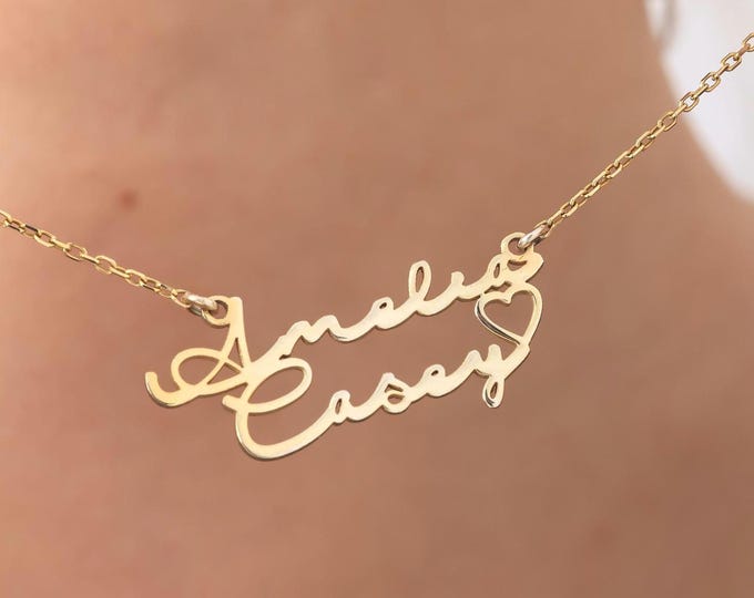 Double Name Necklace with Heart – Custom 925 Sterling Silver Name Pendant Gift for Her