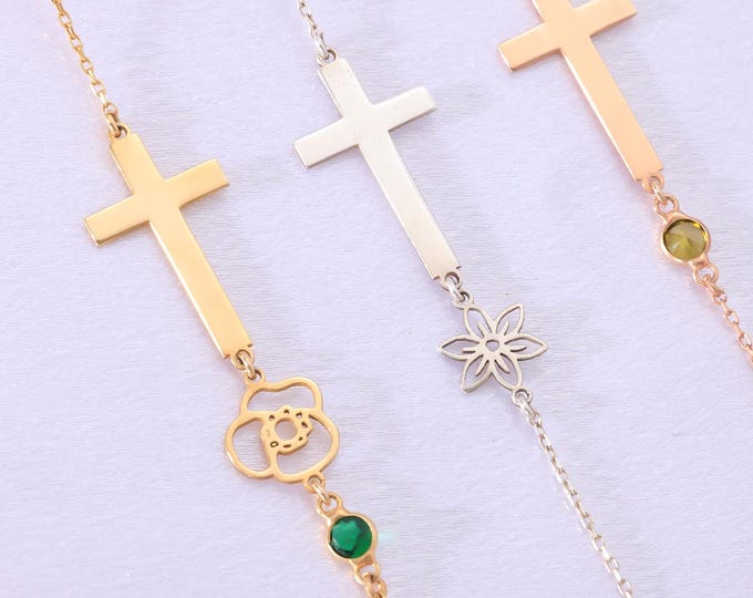 Faith Cross Pendant Necklace – Elegant Silver Jewellery with Birthstone and Birth Flower Options