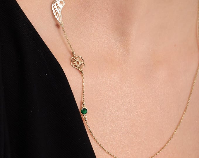 Sideways Angel Wing Necklace – Birth Flower & Birthstone Custom Charm Jewelry Gift