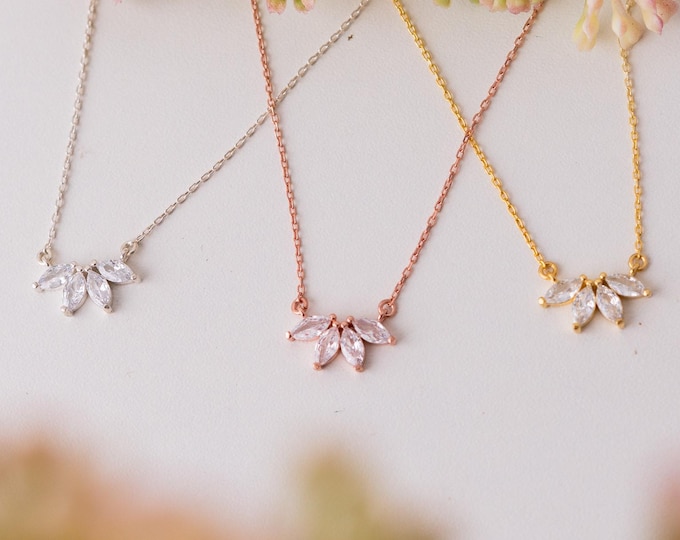Dainty Lotus Marquise Necklace – Elegant Crystal Leaf Jewellery Gift for Her