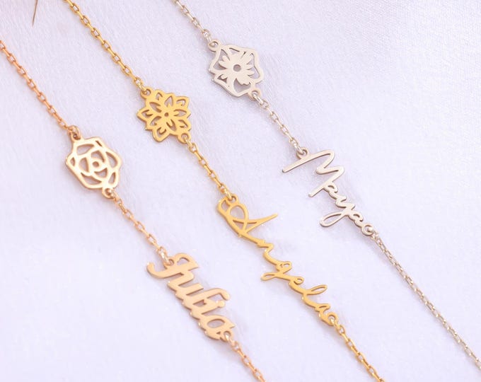 Floral Name Bracelet with Birth Flower Charm – Elegant Personalized Jewelry Gift for Her