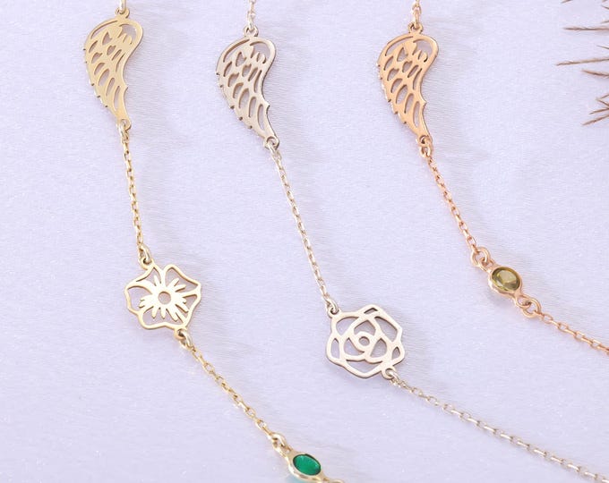 Sideways Angel Wing Necklace – Birth Flower & Birthstone Charm Personalised Jewellery Gift