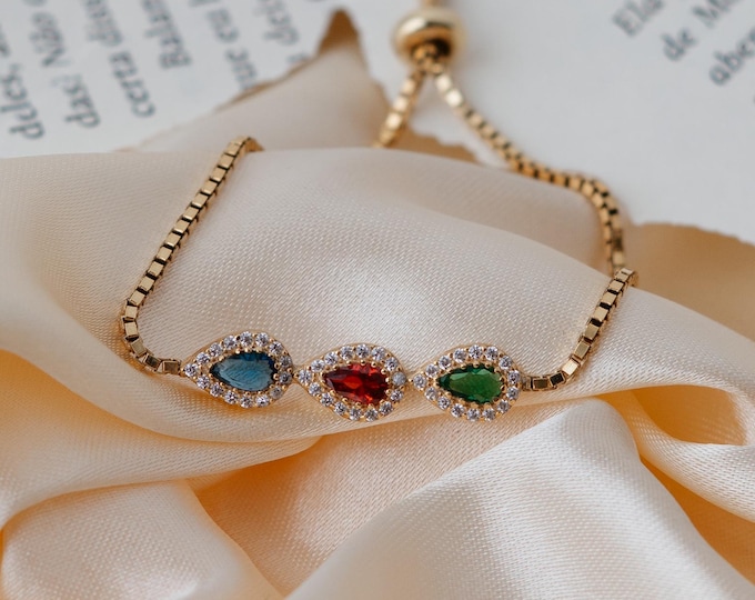 Family Birthstone Bracelet – Elegant Sterling Silver Cube Chain Jewelry Gift for Mom or Grandma