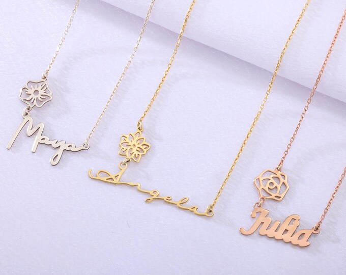 Personalised Name Necklace with Birth Flower – Elegant Silver Jewellery Gift for Her