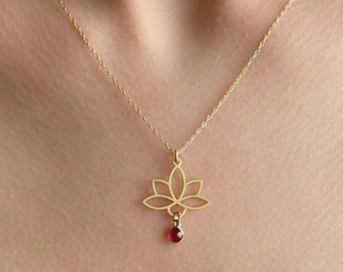Lotus Birthstone Necklace – Personalized 925 Sterling Silver Lotus Flower Pendant Gift for Her