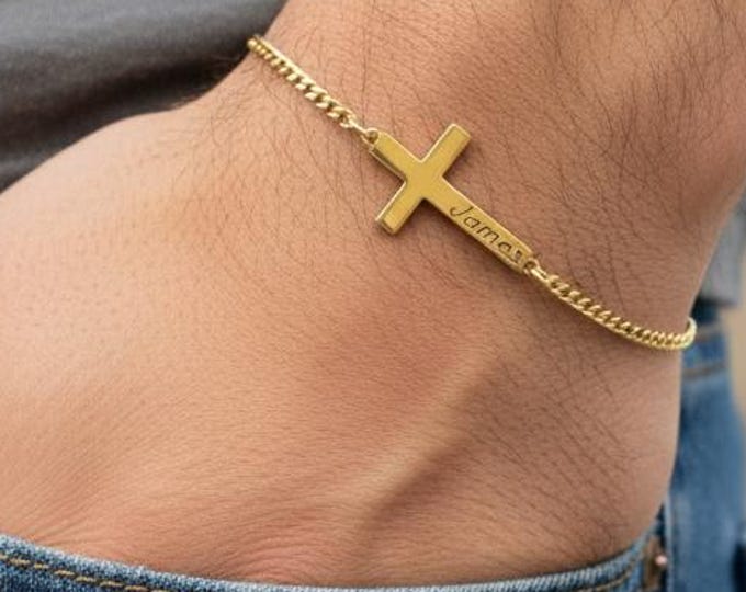 Men’s Cross Bracelet – Personalized 925 Sterling Silver Engraved Cross Jewelry Gift for Him