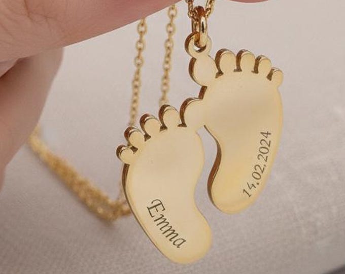 Baby Footprint Necklace – Personalized 925 Silver New Mom Gift with Engraved Baby Feet Pendant