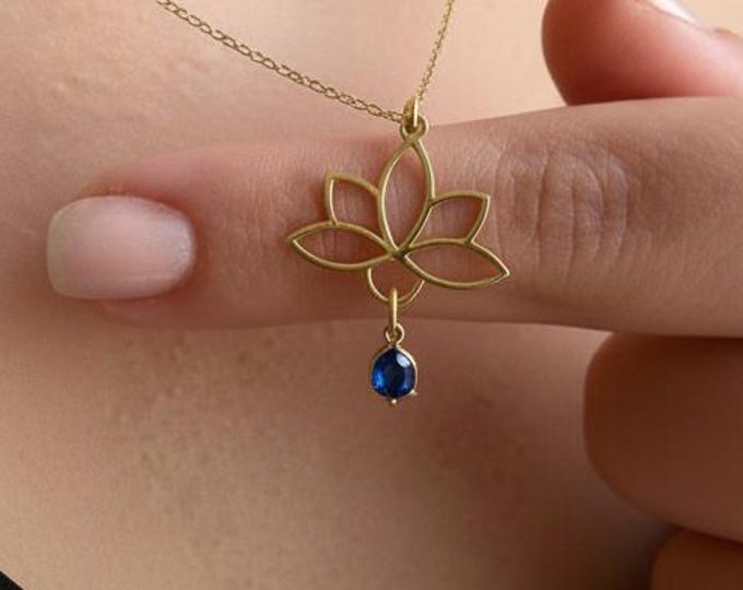 Lotus Birthstone Necklace – Personalised 925 Sterling Silver Lotus Flower Pendant, Jewellery Gift for Her